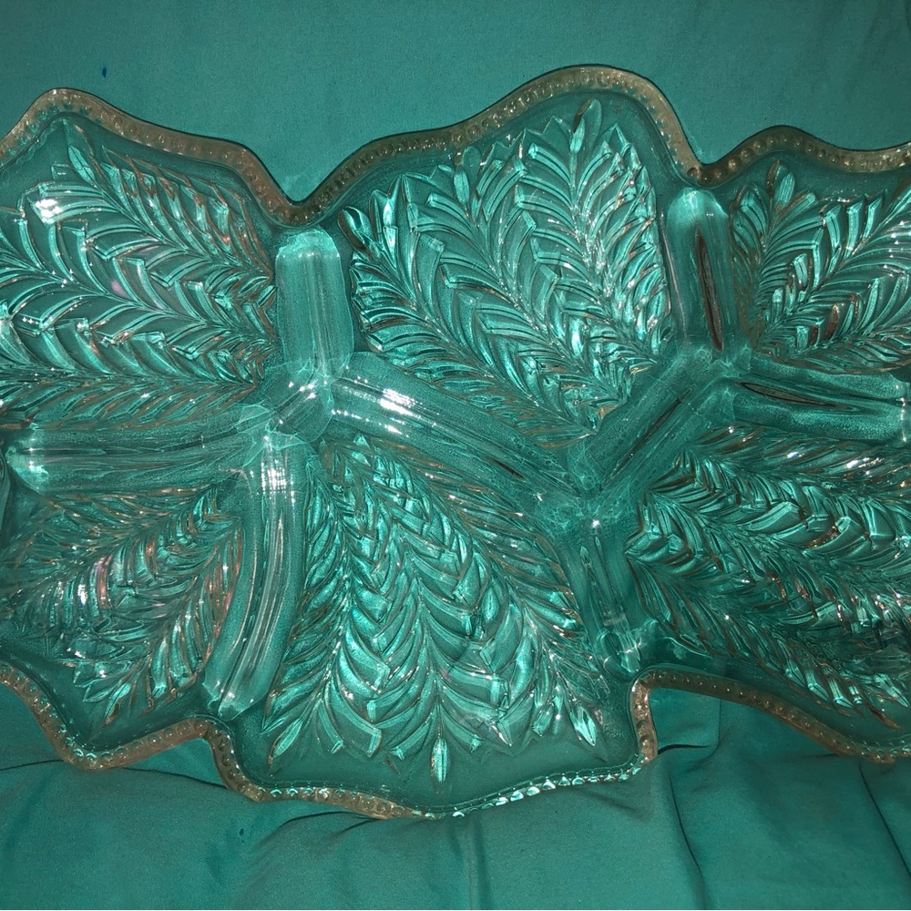 Jeanette Clear Glass W/Gold Beaded Trim Large Divided Serving Tray